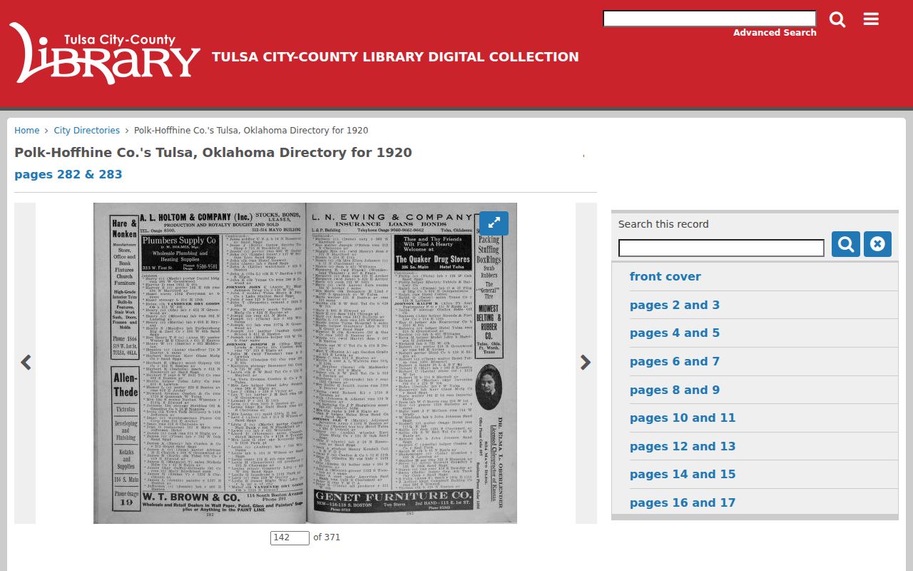 Broken Arrow city directory entry conventions from digitized 1920 page