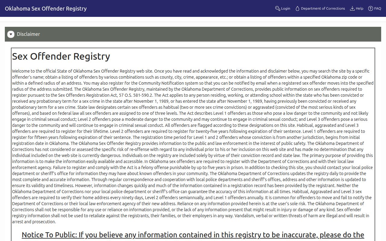Broken Arrow neighbors Oklahoma Sex Offender Registry disclaimer