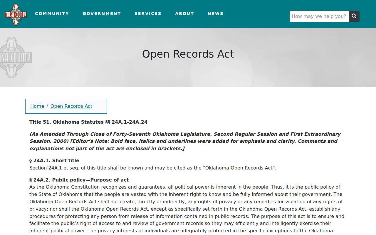 Broken Arrow previous residents Tulsa County open records request